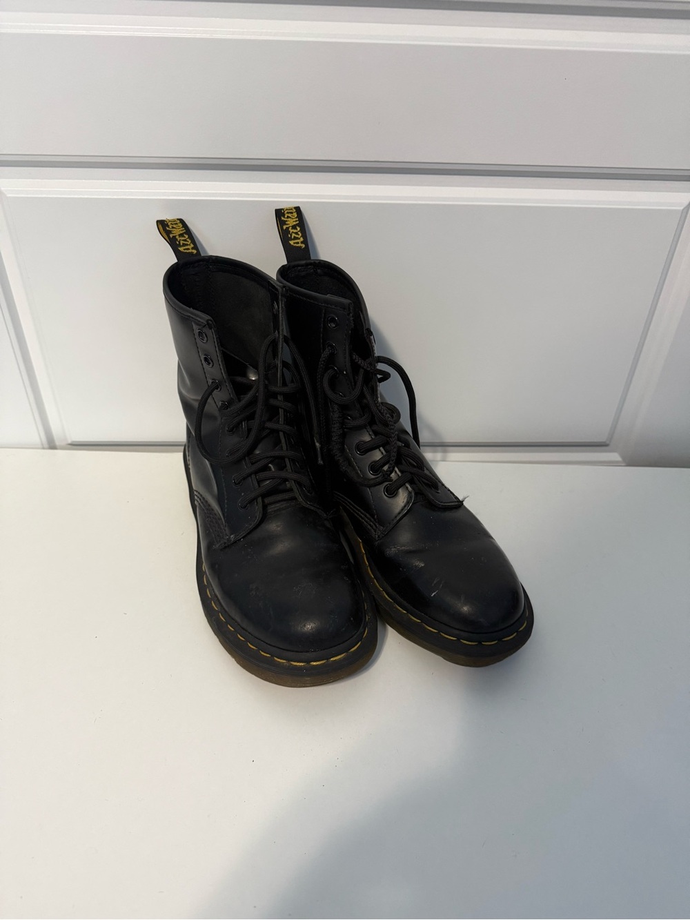 Dr. Martens Black Leather Lace-Up Ankle Boots with Yellow Stitching EU 41
